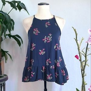 Arizona Jean Company Women's Navy Blue Floral Pleated Halter Top Size XS